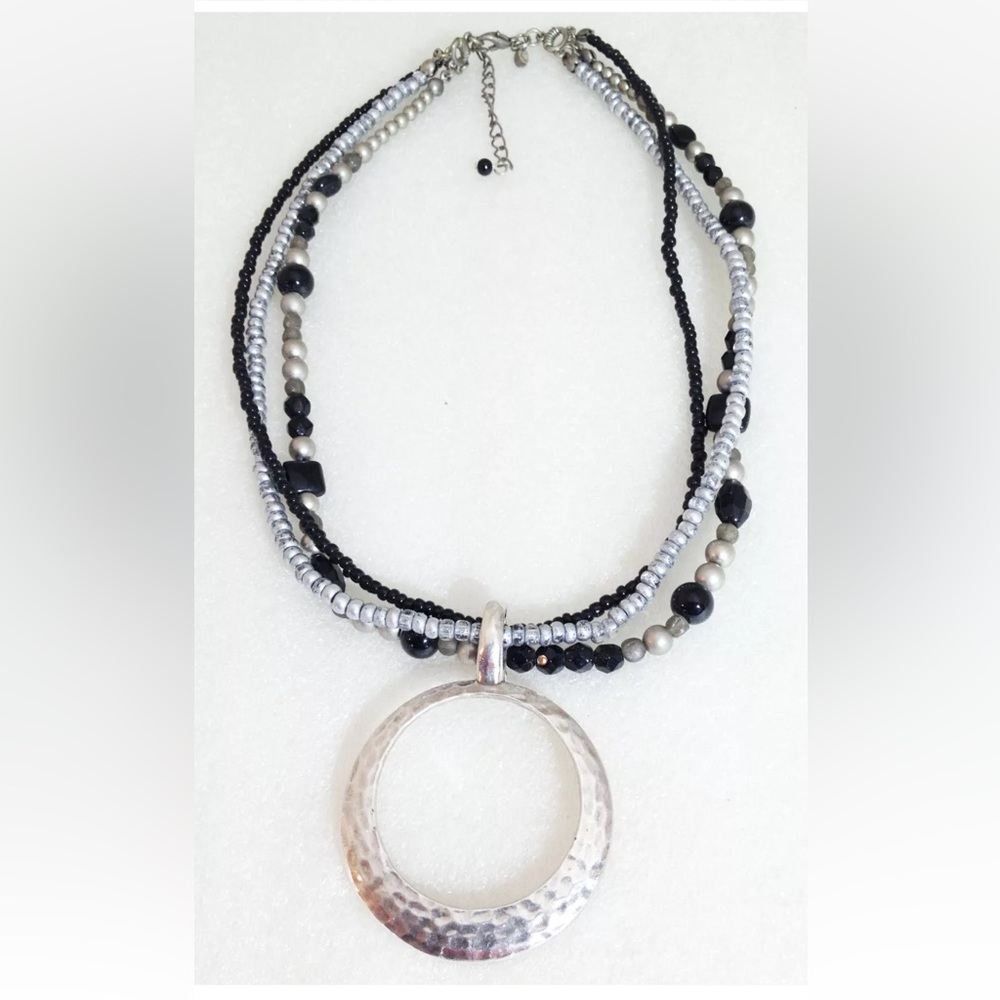 Premier Designs Black and Silver Night Life Multi Strand Necklace with Pendant